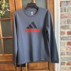 Adidas Boys XL 18 Long Sleeve Waffle Knit Thermal Shirt Gray Orange Logo 056153